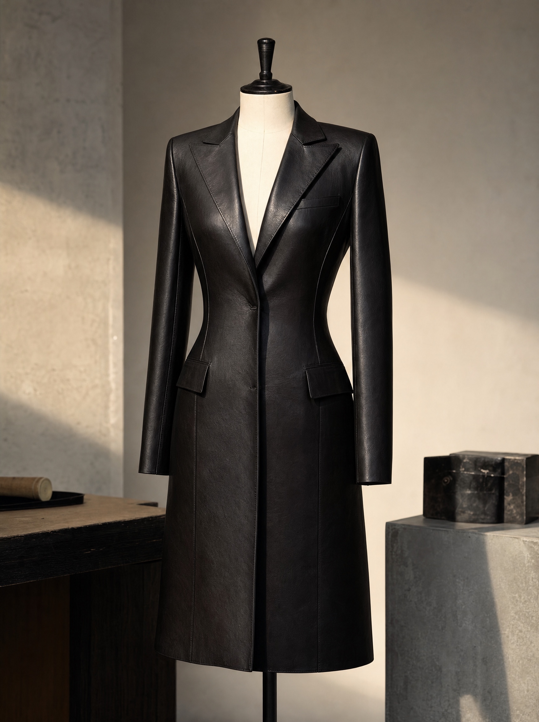 Look 03 — leather coat, set shoulder