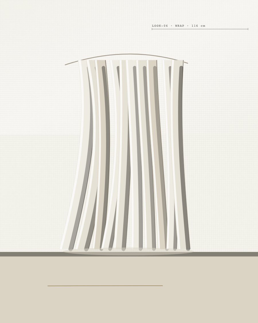 Look 06 — wrap line, standing collar